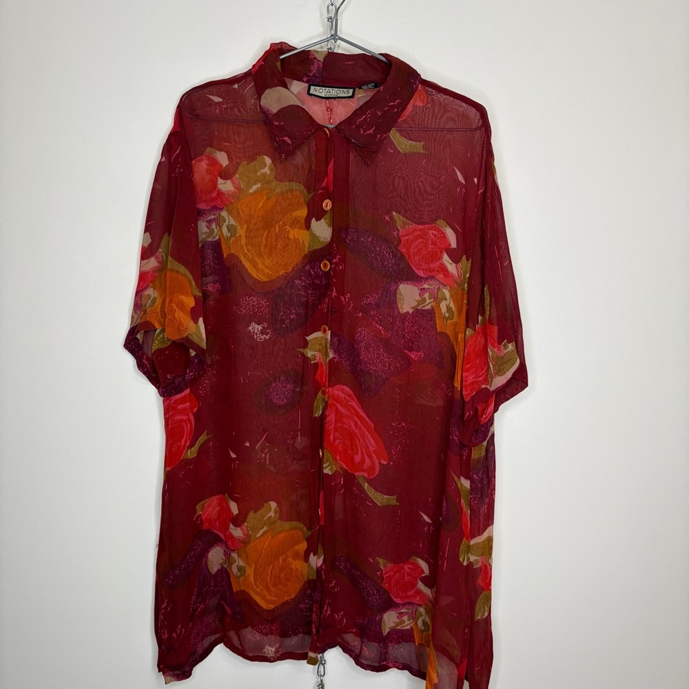 Notations Burgundy Floral Sheer Button-Down Shirt